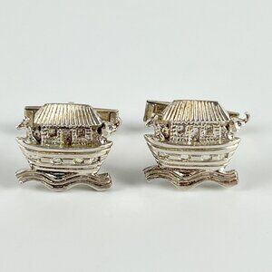 Vintage Sterling Silver Noah's Ark Figural Cufflinks Cuff Links Gift Packaged